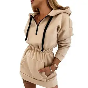 Toptan yeni tasarım kadın Hoodies & sweatshirt bel bahar kısa ince kalem etek boy uzun kollu kapüşonlu elbise
