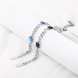 สร้อยข้อมือโซ่เหล็กไทเทเนียมทรงหกเหลี่ยมประดับคริสตัลสีน้ำเงินดำสำหรับใส่ทุกวัน - Product Image 2