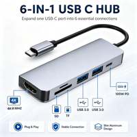 Adaptador 6 en 1 USB-C a HDTV con Entrega de Energía de 100W, USB 3.0 y 2.0, Lector de Tarjetas SD/TF, Compatible con iPhone, MacBook, iPad Pro