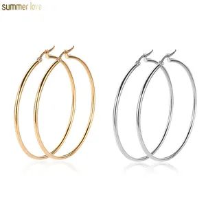 Fashion Cheap Gold Silver 10mm -80mm Stainless Steel Big Circle Hoop Dangle Earrings Women Handmade Jewelry