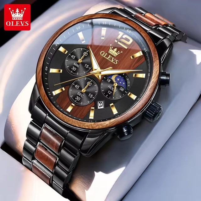 OLEVS 3645 Quartz Movement Men Watch Wood Band Chronograph Style Multifunction Dial Luminous Calendar Waterproof Fashion Watch