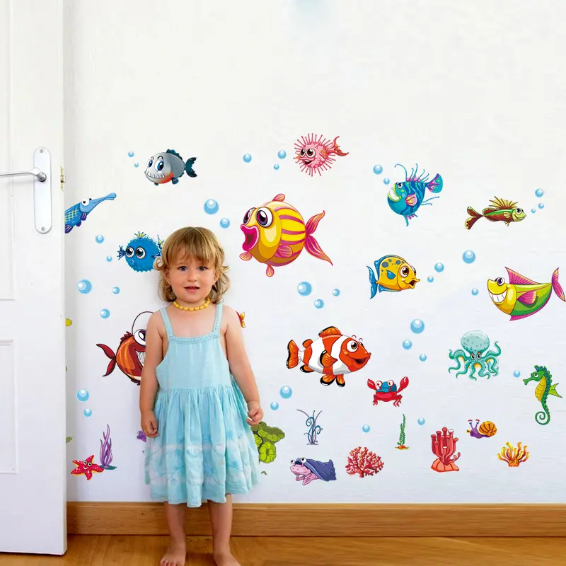 YIYAO-pegatinas de pared para habitación de niños, pegatinas de pared de peces, Tortuga, pulpo, criaturas oceánicas, calcomanías de pared