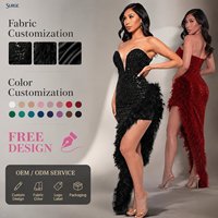 Robe de soirée formelle personnalisée pour femme, en Spandex, Polyester, Velours et Paillettes, sans bretelles, col en V, coupe moulante, fente haute, garniture en plumes, asymétrique