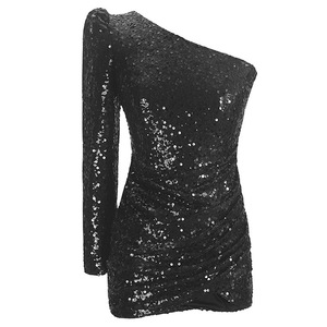 One-Shoulder <b>Sequined</b> Bodycon Dress Asymmetric Long Sleeve Solid Color Evening Dress Women's Fashion 2025 Spring - Product Image 3