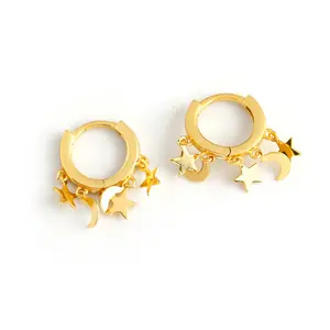 Tùy Chỉnh Đồ Trang Sức Thời Trang Tối Giản Sao Trăng Drop Charm Hoops Bông Tai 925 Sterling Bạc Mạ Vàng