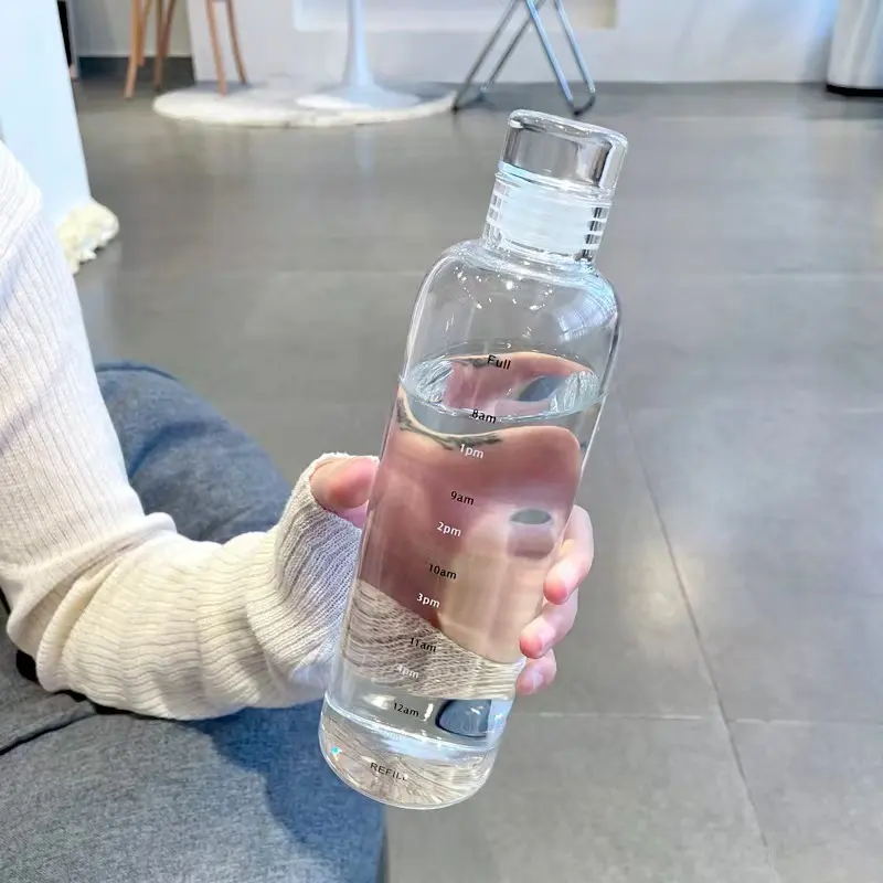 500ml 750ml toptan silindir kullanımlık uzun borosilikat cam su şişesi içecek bardağı su şişesi zaman işaretleyici