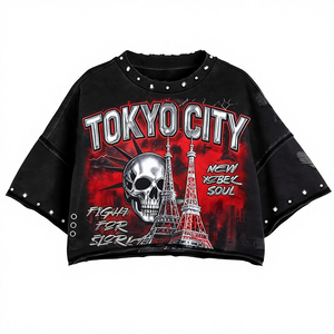 사용자 정의 레트로 산성 세척 라인 석 스트리트 스타일 T-Shirt100 % 면 인쇄 남자의 T-셔츠 느슨한 Fitdrop 숄더 - Product Image 2