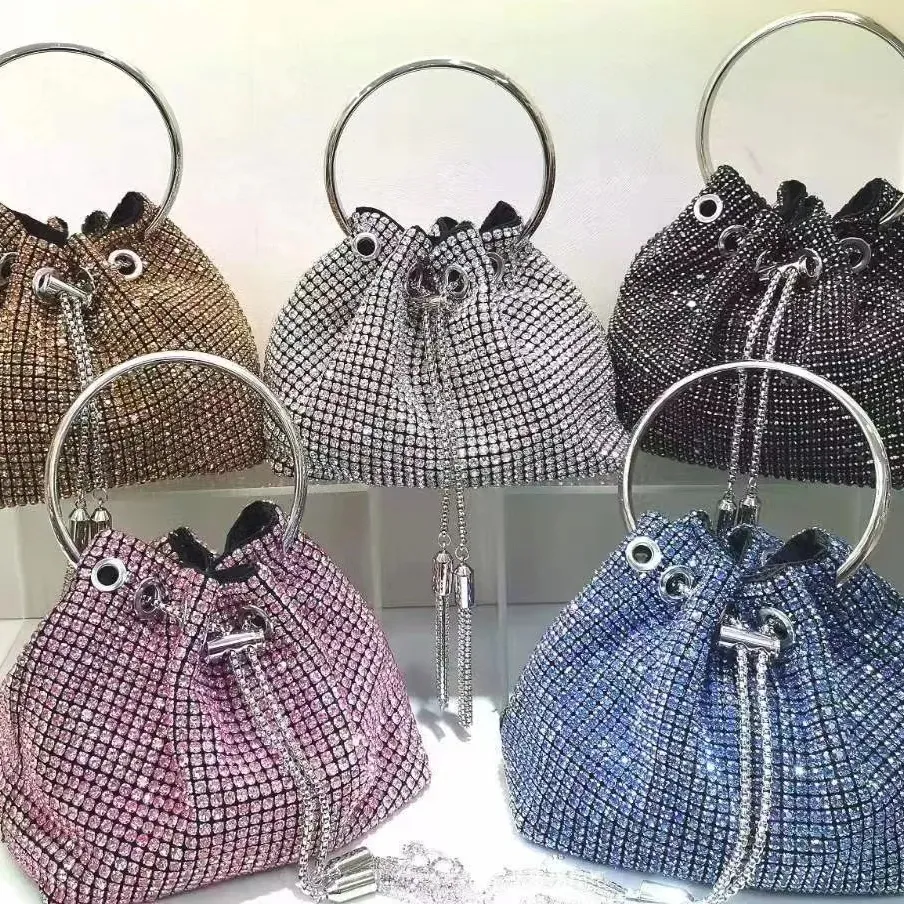 High Quality Fashion Crystal Bling Rhinestone Bucket Purse Handbag 2023 Sparkle Trendy Luxury Ladies Diamond Evening Bag