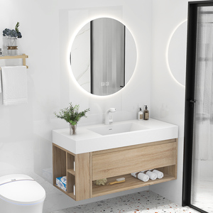 Meuble de salle de bain moderne simple meuble de salle de bain mural couleur bûche avec miroir lumineux à led - Product Image 4