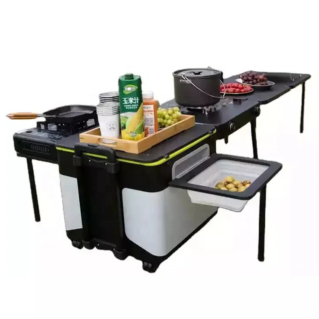 Good Quality Multi-function Camping Kitchen Storage Chuck Box With High Power Stoves Camping Kitchen With Folding Table