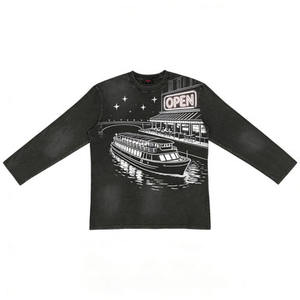 เสื้อยืดแขนยาวสีเทาเข้ม ลายธีมคาเฟ่แม่น้ำแซน เสื้อลำลองลายร้านกาแฟสไตล์ปารีสย้อนยุค สวมใส่สบายในชีวิตประจำวัน - Product Image 2