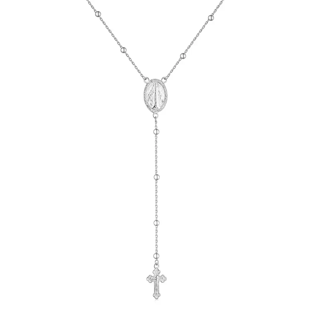 Fashion Jewelry Gifts Women Girls 925 Sterling Silver White Gold Plated Necklace St Mary Cross Beads Chain Necklace