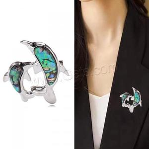 Broche de Joias em Forma de Golfinho com Concha de Abalone Prateada para Mulheres, Liga de Zinco, Cor Original 40x42mm 1630907 - Product Image 3