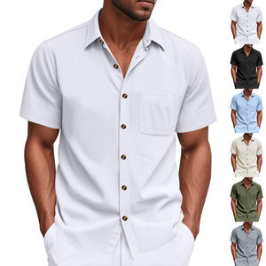 Chemise d'été pour homme transfrontalière à manches courtes, couleur unie, respirante, décontractée, col tissé, grande taille - Product Image 2