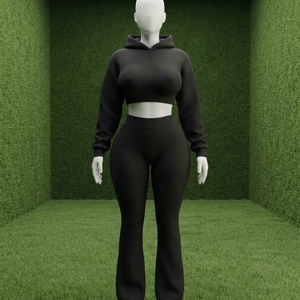 Ensemble sweat à capuche court noir et leggings taille haute pour femme, grande taille, pantalon évasé long uni à taille élastique - Product Image 1