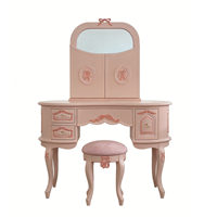 Ensemble de coiffeuse en bois massif sculpté à 3 miroirs de style princesse rose pâle (avec tabouret)