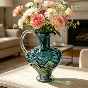 Vase en verre soufflé à la main avec poignée, carafe décorative pour fleurs, pour la table à manger et la décoration du salon - Product Image 1