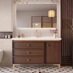 Meuble de salle de bain moderne du milieu du siècle en noyer, armoire en bois massif avec miroir LED et lavabo intégré en céramique - Product Image 6