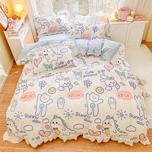 <span class=keywords><strong>Set</strong></span> di biancheria da letto in stile coreano 4 pezzi 100% cotone 400TC principessa arruffata con dinosauro di coniglio <span class=keywords><strong>Set</strong></span> di copripiumino con animali floreali - Product Image 2