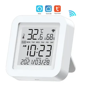 Tuya-Sensor inteligente de temperatura y humedad con WIFI, higrómetro Digital LCD, alarma de casa inteligente, reloj con pantalla de fecha y hora