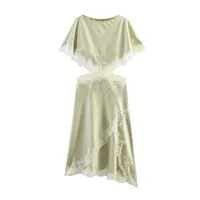 Robe midi décontractée pour femme à col rond, design asymétrique, manches courtes en dentelle et taille évidée