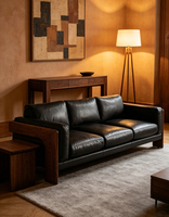 Canapé carré 3 places en cuir noir avec accoudoirs en bois de noyer, design mi-moderne pour appartement et hôtel