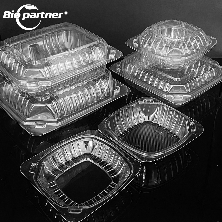 Wholesale disposable plastic packaging clear blister box 3 compartment BOPS clamshell food container transparent cake salad