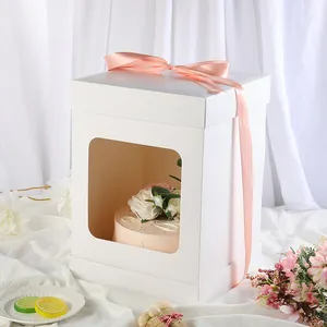 Custom printing eco friendly wedding birthday cake box with window square 8 10 12 14 inch tall cake boxes for tiered cakes