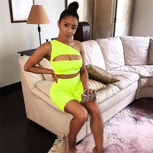 Neon Sexy exposed breasted Top short Yoga 2 Pieces short ropa mujeres de fitness set - Product Image 4