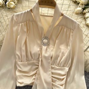 Chemisier léger de luxe pour femmes, ruban de satin, licou, taille pliée, manches courtes évasées pour femmes, décontracté - Product Image 6