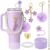Ensemble réutilisable d'accessoires pour tasse d'eau isolée en silicone avec motif floral, manchon, poignée en perles, corde, boule, ampoule et barre de suspension