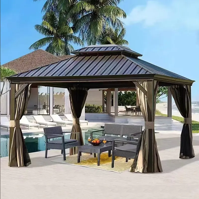 Pérgola multifuncional hardtop móveis pátio impermeável metal telhado alumínio ao ar livre gazebos