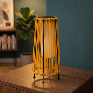 Modern Yellow Woven Rattan Cylindrical E26 Solar Table Lamp AC <b>Small</b> Floor Lamp for Patio Garden Porch Yard - Product Image 2