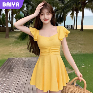 Baiya Yellow One Piece Swimsuit Square Neck Solid Color Beach Vacation Swimwear for Women - Product Image 1