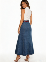 Jupe longue en jean taille haute pour femme grande taille, coupe trapèze, bleu foncé délavé, classique, en coton, pour l'été, vente en gros