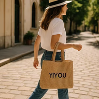 Sac fourre-tout de luxe en paille tressée couleur unie pour femme, sac de plage d'été en raphia écologique avec fermeture éclair, logo personnalisé OEM