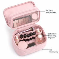 Pochette de maquillage personnalisée avec logo, rose blush, matelassée, pour femmes, double fermeture éclair, imperméable, grande capacité, avec poignée