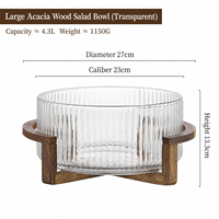 Bol à salade en verre côtelé avec support en bois d'acacia et couvercle 1,8L 3L 4,3L, bol à fruits cannelé sans plomb avec support surélevé