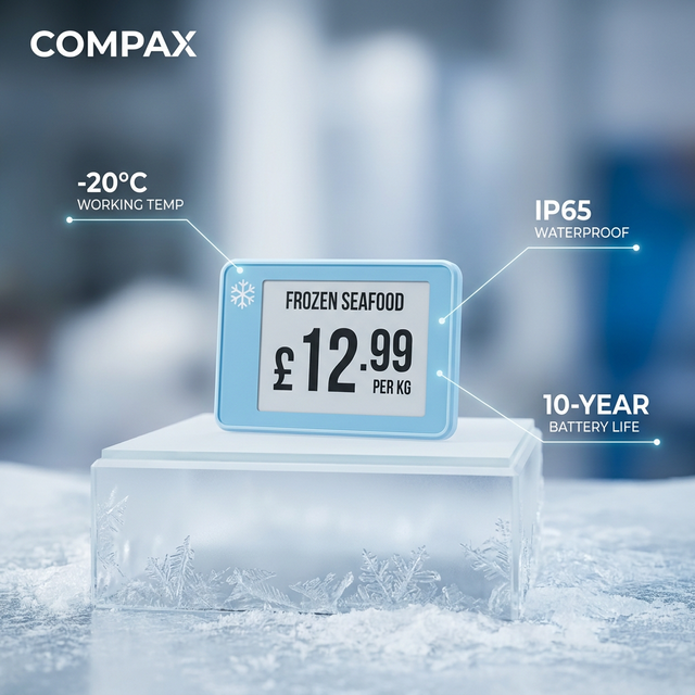 COMPAX 2.66'' -20 Temp Electronic Shelf Label IP65 Digital Poster Replaceable Battery Waterproof E-ink 2-Year Warranty Indoor