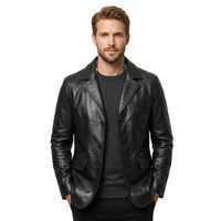 Blazer d'hiver formel en cuir véritable pour homme, revers cranté, simple boutonnage, coupe classique, noir, avec logo frontal, qualité supérieure