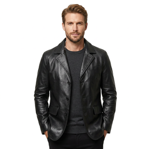 Men's Genuine <b>Leather</b> <b>Blazer</b> Notched Lapel Single Breasted Regular Fit Black Outerwear - Product Image 2