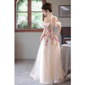Off-Shoulder Floral Evening Dress Empire Waist A-Line Embroidered Organza For Banquet Hosts - Product Image 5