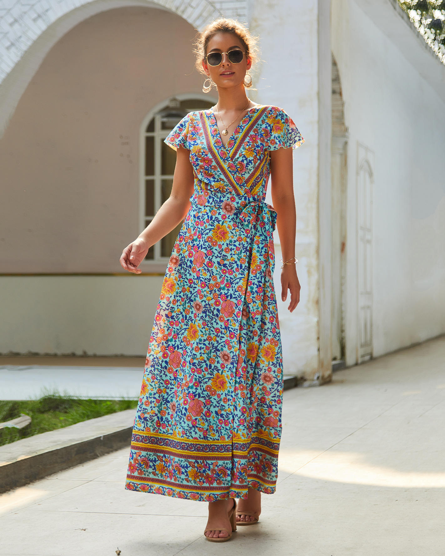 Maxi vestido longo floral feminino, estampa floral vintage