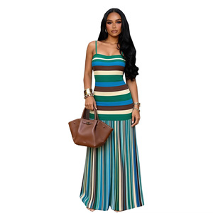 Abito lungo a righe da donna con spalline sottili, senza maniche, aderente, plissettato, casual, estivo, da spiaggia - Product Image 5