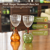 Tasse à café en verre en forme de fruit, pomme, poire, avec base, tige, détails de feuilles, bord côtelé en forme de pétales, en borosilicate, réutilisable, compatible lave-vaisselle et micro-ondes