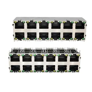 Metal shielded dual deck stacked 2x6 rj45 interface jack , 12 port rj 45 connector with LED .