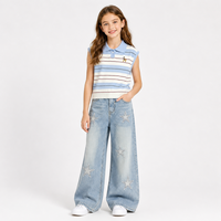 Ensemble 2 pièces tendance pour filles, haut polo rayé sans manches, pantalon large en jean à imprimé étoile, tenues décontractées à la mode européenne pour enfants