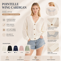 Klassischer V-Ausschnitt Langarm-Cardigan mit Knopfleiste und Pointelle-Strick, Damen-Strickjacke mit Flügel-Intarsia, Lässiger Cardigan-Pullover