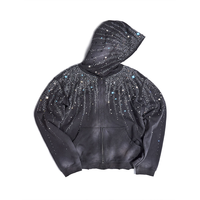 OEM Heavyweight Streetwear Sun Fade Wash Acid Rhinestone Men Hoodie Double Zipper Crystal Vintage Rhinestone Zip up Hoodie