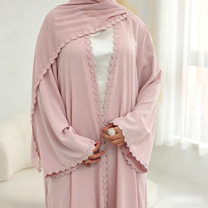 Loriya Abaya 2026 Nida Fabric Lace Flower Islamic <strong>Clothing</strong> Women Open Abaya Muslim Women Dress Front Abaya Cardigan with Hijab - Product Image 2
